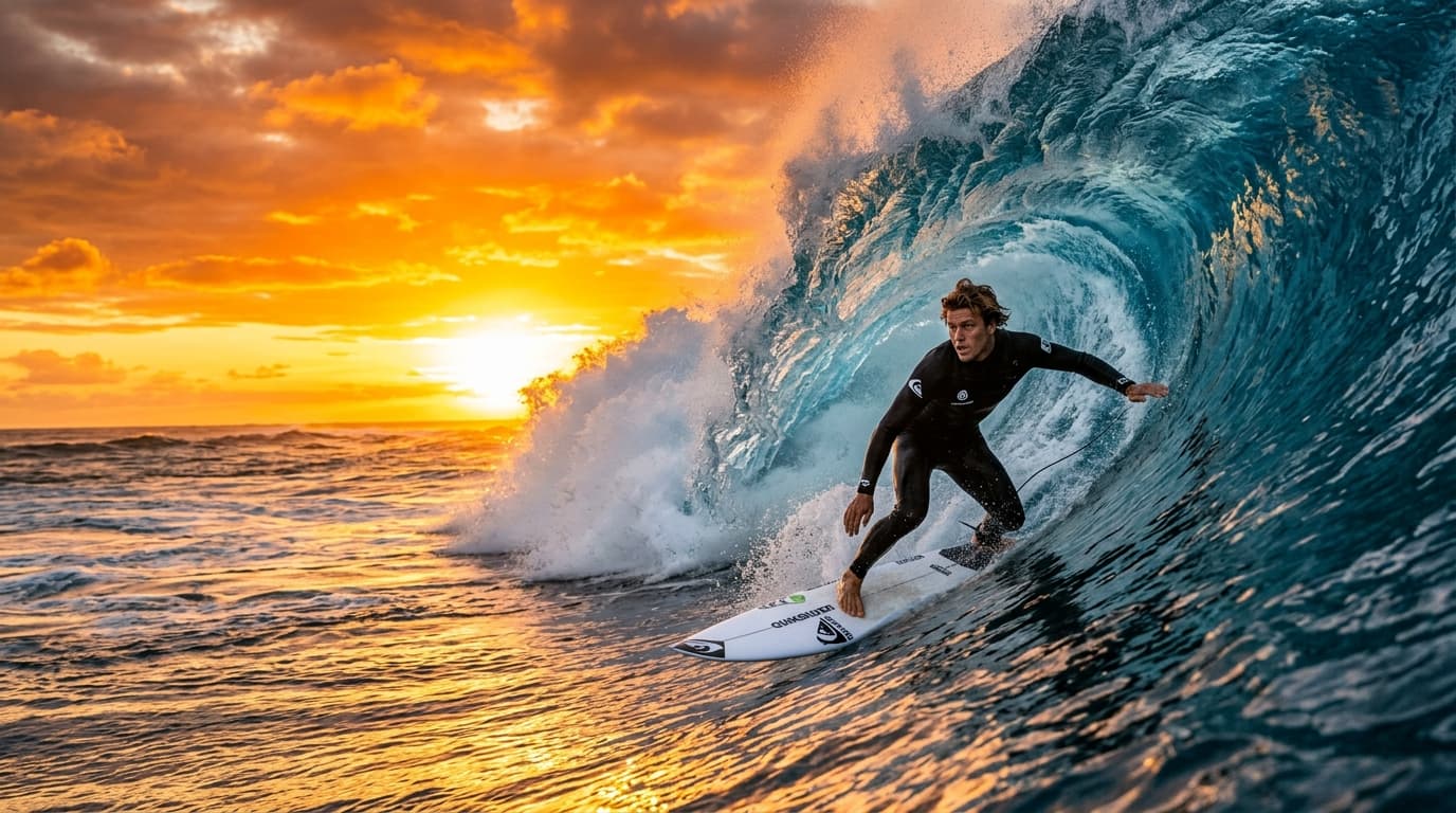 Surfing at golden sunset